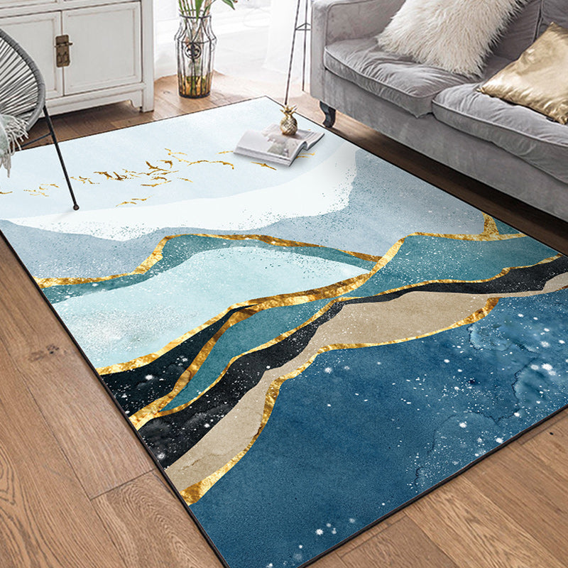 Blue and gold contemporary carpet polyester mountain bird pattern carpet washable non-slip underlay carpet for the living room