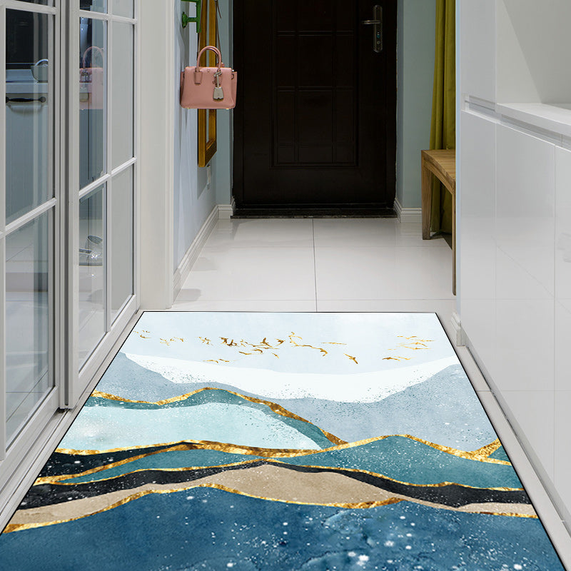 Blue and gold contemporary carpet polyester mountain bird pattern carpet washable non-slip underlay carpet for the living room