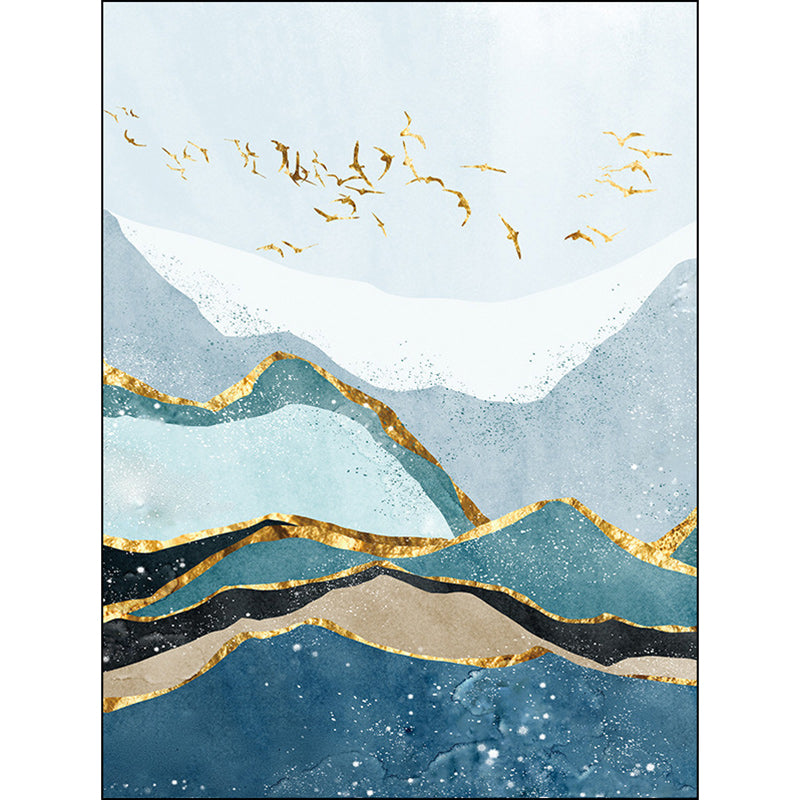 Blue and gold contemporary carpet polyester mountain bird pattern carpet washable non-slip underlay carpet for the living room