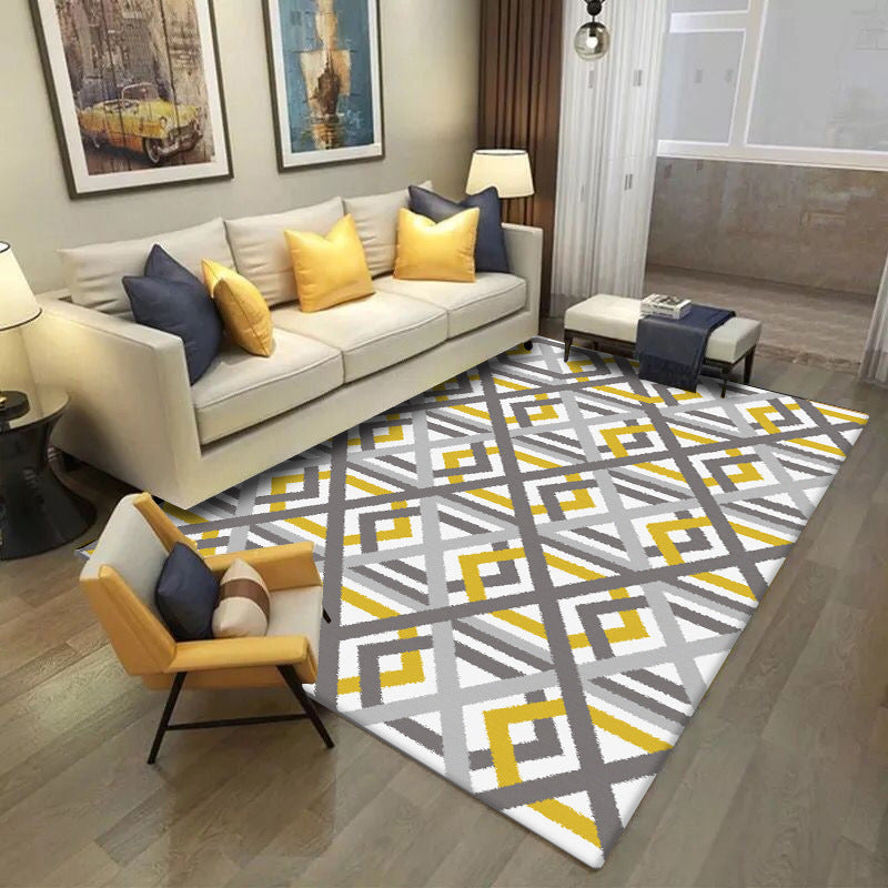 Modern living room rug in white Geometric hexagon diamond pattern rug Polyester Machine washable Pet-friendly rug
