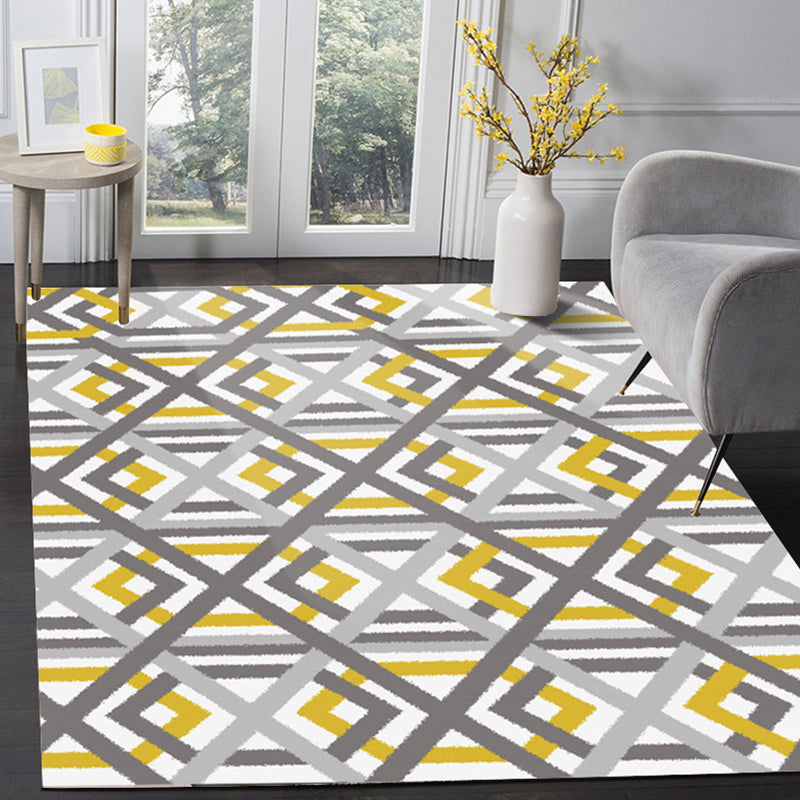 Modern living room rug in white Geometric hexagon diamond pattern rug Polyester Machine washable Pet-friendly rug