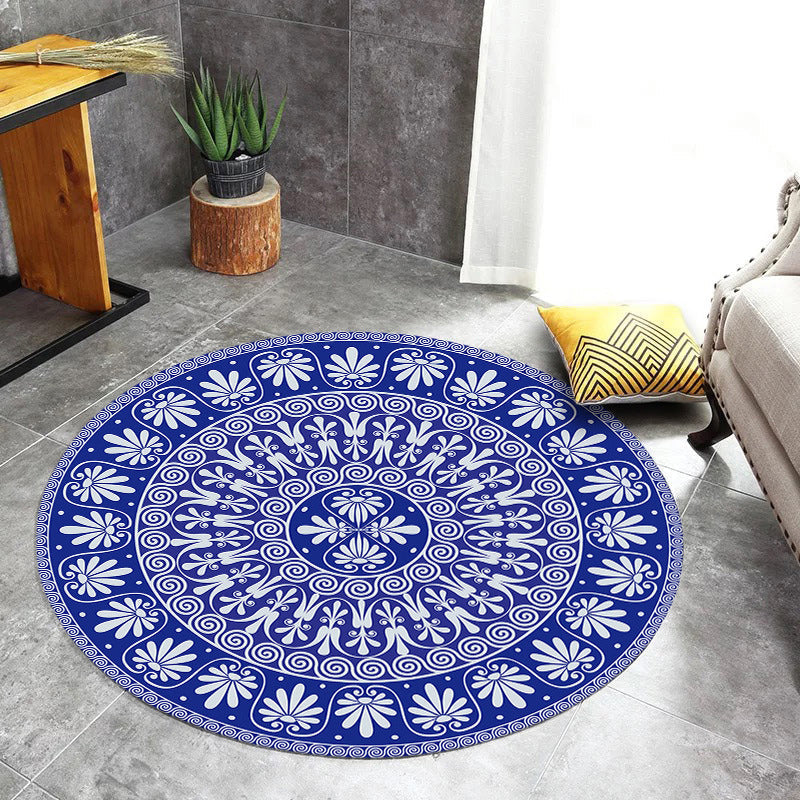 Blue Mediterranean Rug Flannel Floral Pattern Rug Washable Non-Slip Back Rug for the Living Room