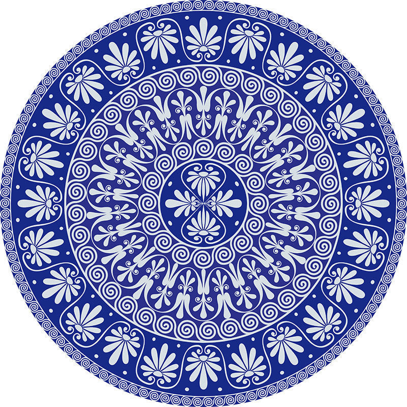 Blue Mediterranean Rug Flannel Floral Pattern Rug Washable Non-Slip Back Rug for the Living Room
