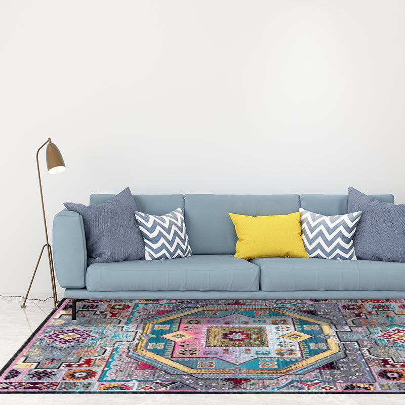 Mediterranean Moroccan carpet in blue medallion floral pattern carpet polyester non-slip carpet for home decor