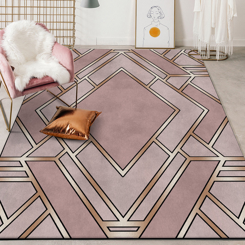 Nordic Geometric Print Rug Pink Polyester Rug Machine Washable Non-Slip Back Rug for Bedroom