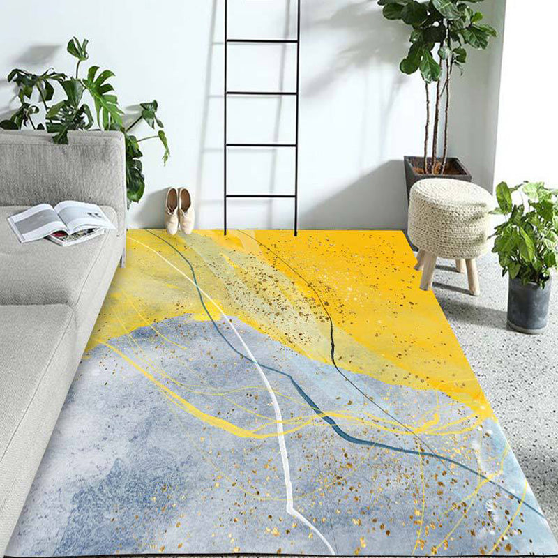 Contemporary abstract color block rug gray and yellow polyester rug washable non-slip backing rug for the living room