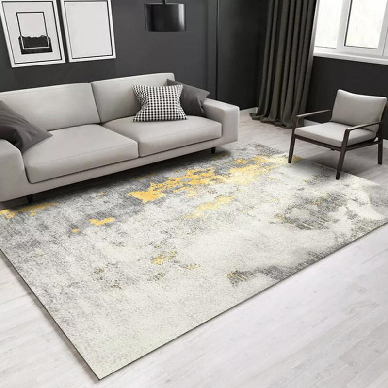 Stylish Abstract Rug White and Gold Casual Rug Polyester Washable Non-Slip Bottom Carpet for Living Room