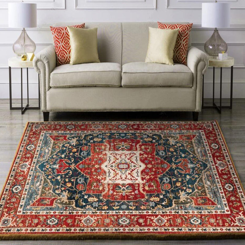 Oriental Moroccan Carpet in Red Medallion Leaf Flower Pattern Carpet Polyester Washable Non-slip Carpet for Home Decor