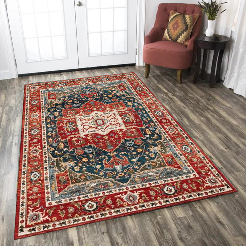 Oriental Moroccan Carpet in Red Medallion Leaf Flower Pattern Carpet Polyester Washable Non-slip Carpet for Home Decor