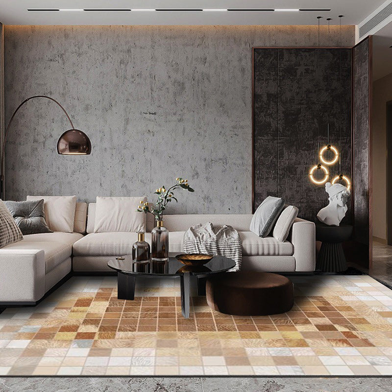 Brown Nordic Carpet Polyester Checkered Pattern Carpet Machine Washable Non-Slip Back Carpet for Living Room