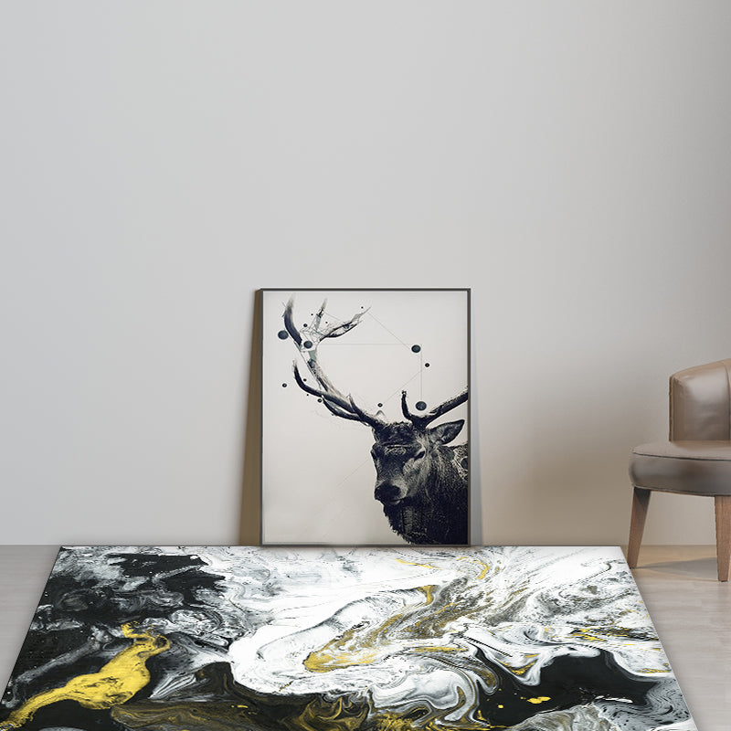 Scandinavian modern rug in black-and-white abstract paint print rug polyester washable rug for home decor