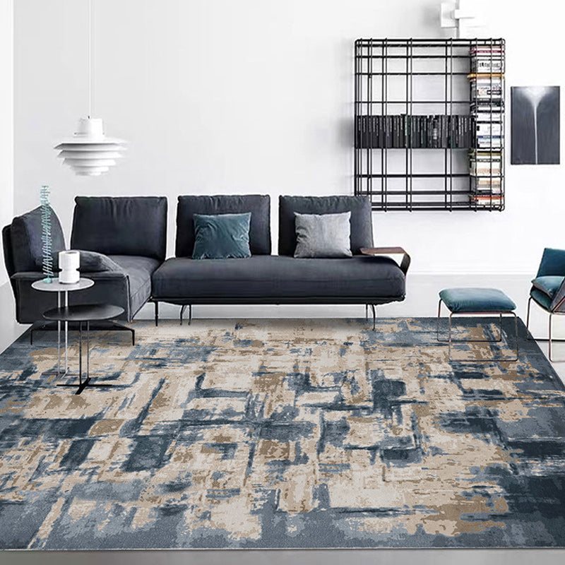 Industrial Oil Painting Pattern Rug Dark Blue Polyester Rug Washable Non-Slip Backing Rug for Bedroom
