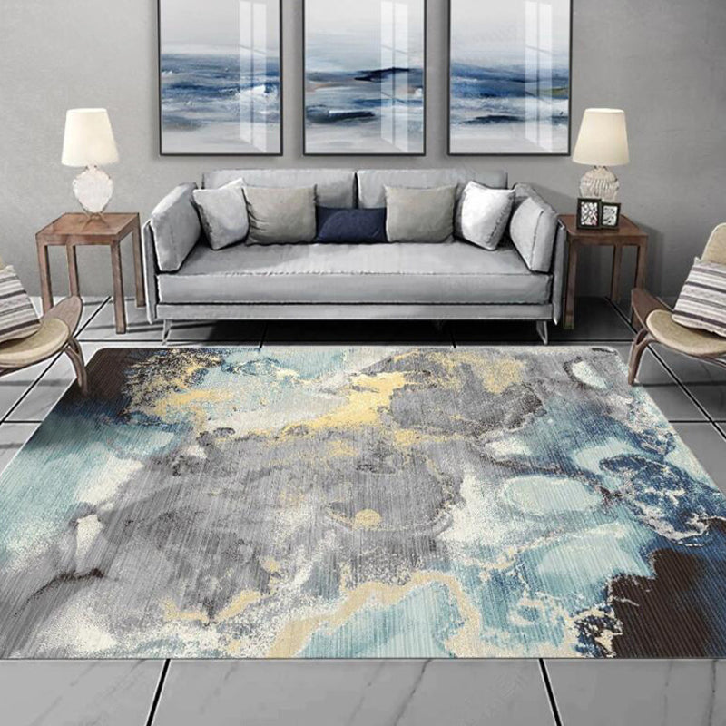 Blue and Gray novel rug Polyester watercolor print rug washable non-slip back rug for living room