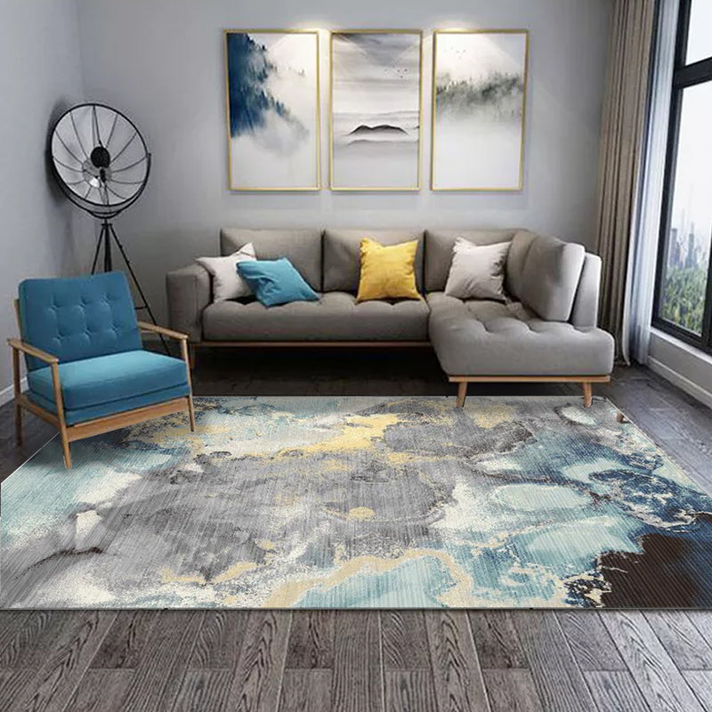 Blue and Gray novel rug Polyester watercolor print rug washable non-slip back rug for living room