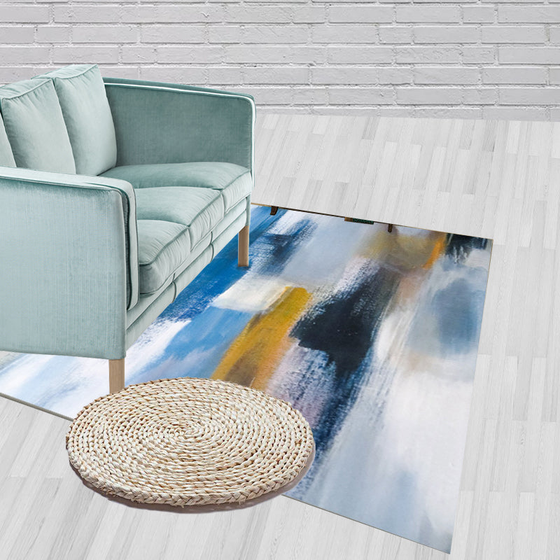 Unique Brushstroke Painting Pattern Rug Blue Contemporary Rug Polyester Machine Washable Non-Slip Rug for the Living Room