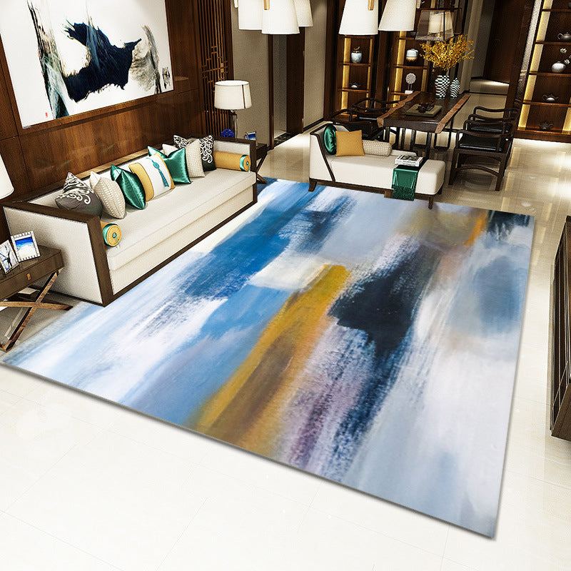 Unique Brushstroke Painting Pattern Rug Blue Contemporary Rug Polyester Machine Washable Non-Slip Rug for the Living Room