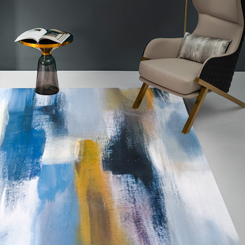 Unique Brushstroke Painting Pattern Rug Blue Contemporary Rug Polyester Machine Washable Non-Slip Rug for the Living Room