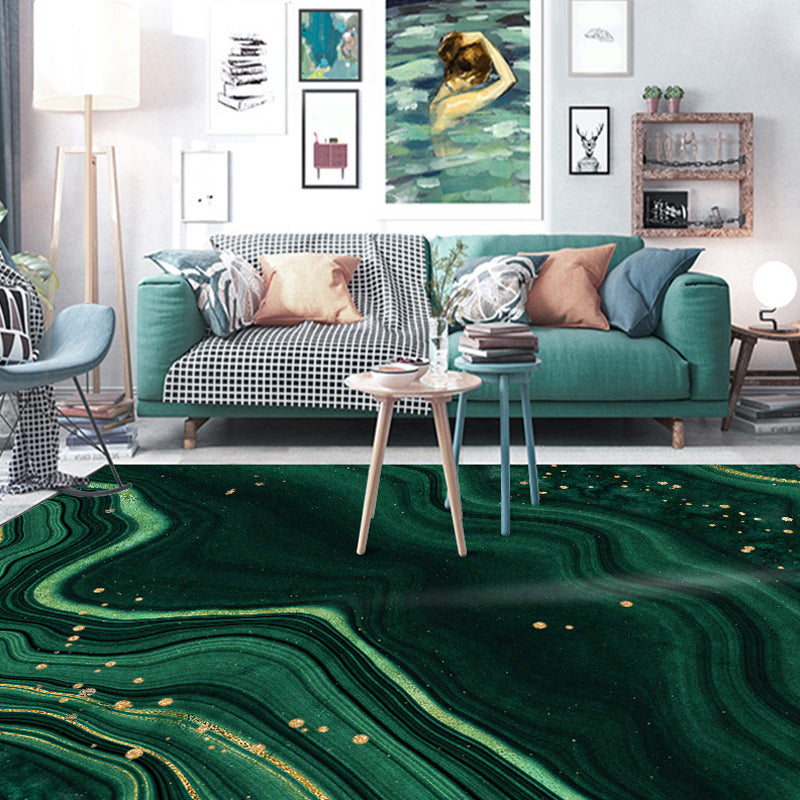 Modern watercolor swirl line carpet green polyester rug washable non-slip backing rug for the bedroom