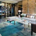 Modern oil painting patterned rug blue polyester rug washable non-slip back rug for bedroom