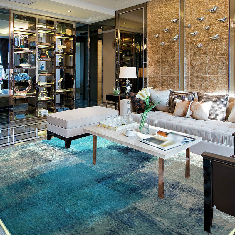 Modern oil painting patterned rug blue polyester rug washable non-slip back rug for bedroom