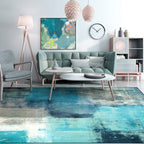 Modern oil painting patterned rug blue polyester rug washable non-slip back rug for bedroom