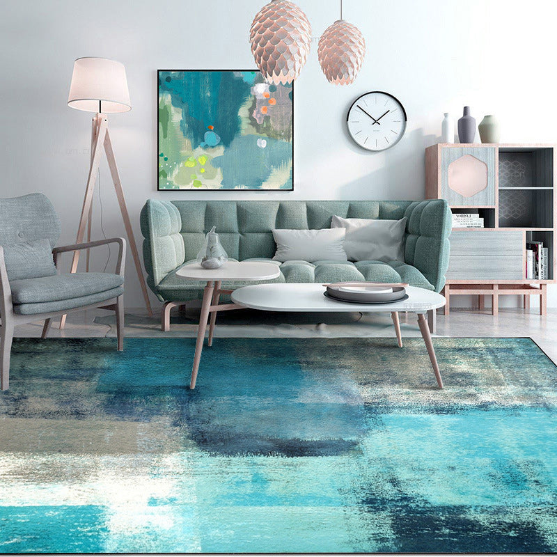 Modern oil painting patterned rug blue polyester rug washable non-slip back rug for bedroom
