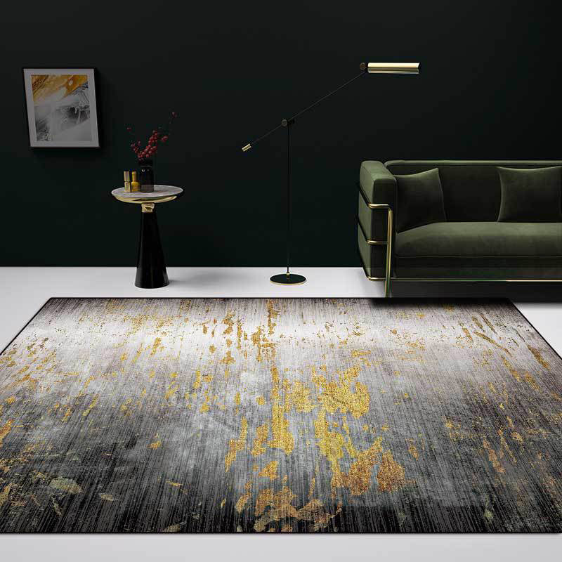 Creative Abstract Area Rug Black and Gold Contemporary Rug Polyester Washable Non-Slip Back Carpet for Living Room