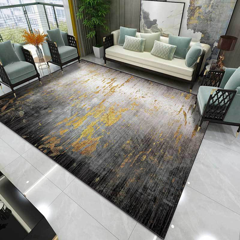 Creative Abstract Area Rug Black and Gold Contemporary Rug Polyester Washable Non-Slip Back Carpet for Living Room