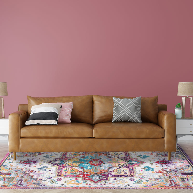 Oriental Moroccan rug in pink medallion floral pattern rug polyester non-slip washable rug for home decoration