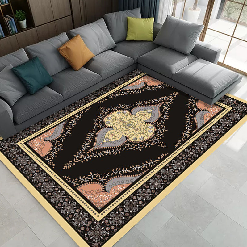 Persian Moroccan rug in black medallion leaf-shaped flower pattern rug polyester anti-slip rug for home decor