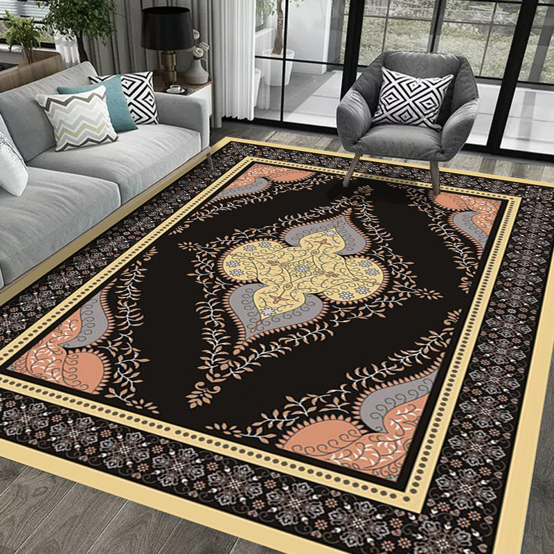 Persian Moroccan rug in black medallion leaf-shaped flower pattern rug polyester anti-slip rug for home decor