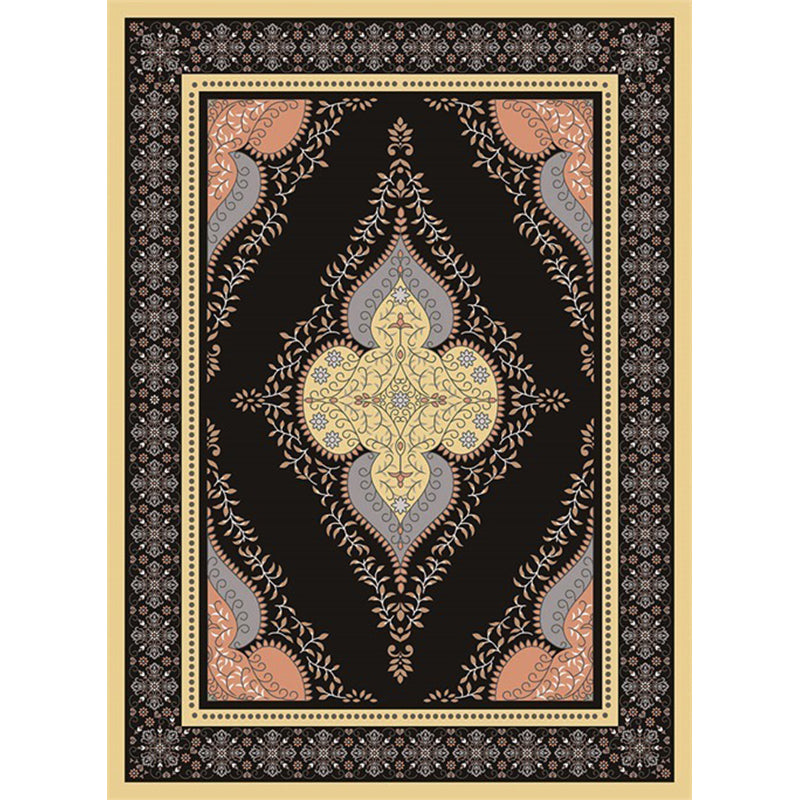 Persian Moroccan rug in black medallion leaf-shaped flower pattern rug polyester anti-slip rug for home decor