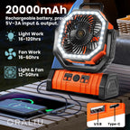 3-in-1 Camping Fan with LED Light & 20000mAh Power Bank – USB Rechargeable & Wireless