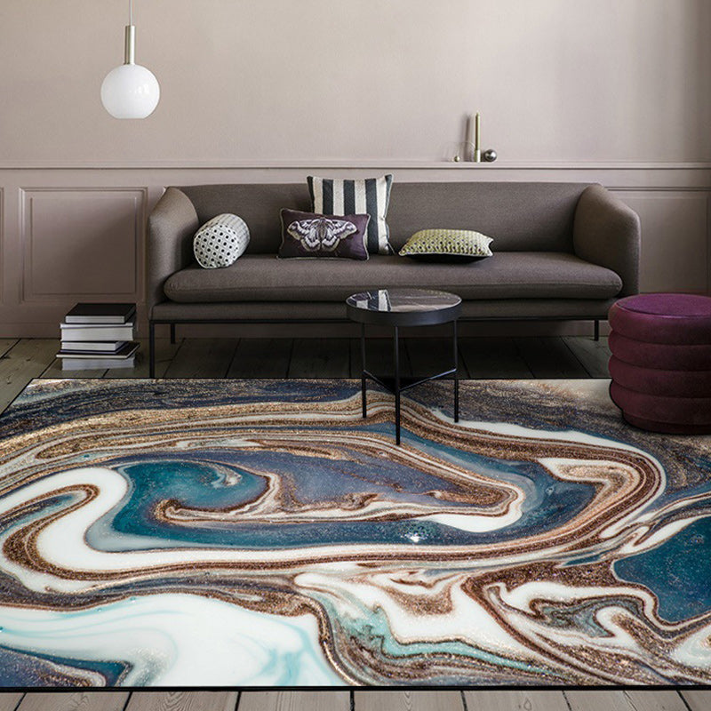 Nordic Abstract Rug Blue Multicolor Polyester Rug Washable Non-Slip Back Rug for Bedroom