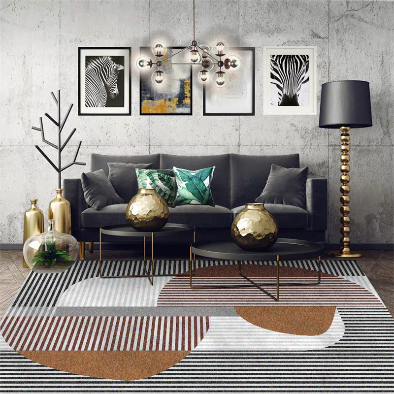 Multicolored Bedroom Rug Modern Color Block Stripe Pattern Area Rug Polyester Stain Resistant Machine Washable Rug