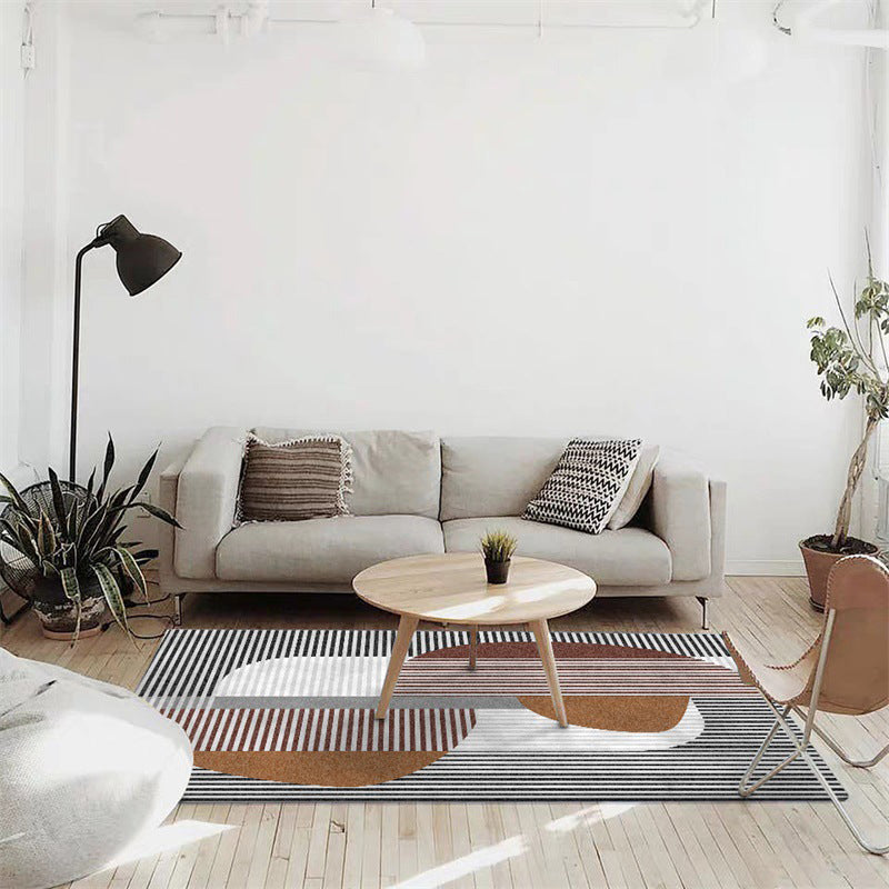Multicolored Bedroom Rug Modern Color Block Stripe Pattern Area Rug Polyester Stain Resistant Machine Washable Rug