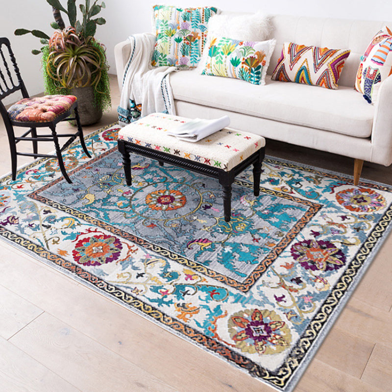 Blue and Brown Bedroom Rug Moroccan Medallion Floral Vine Pattern Rug Polyester Non-Slip Pet-Friendly Rug