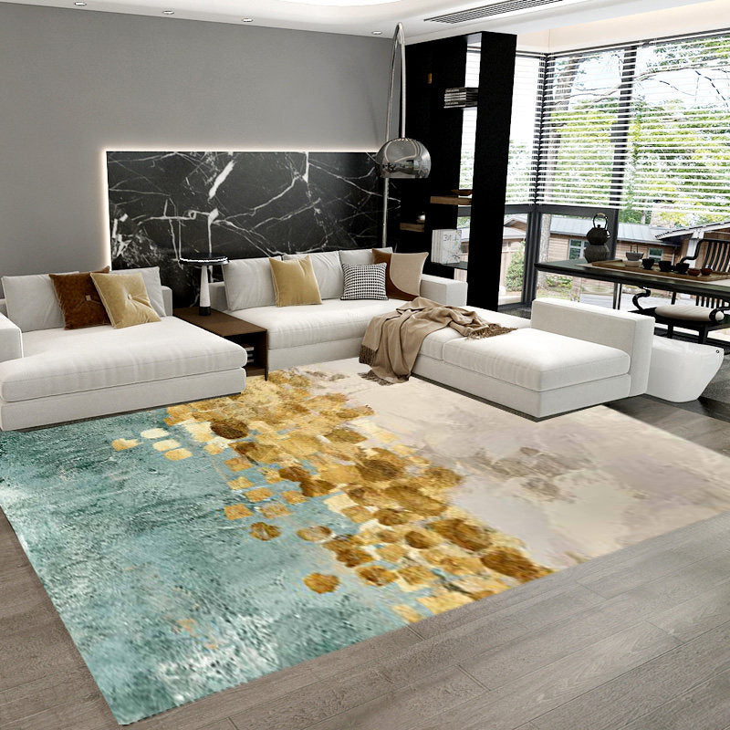 Blue and yellow contemporary carpet polyester abstract carpet non-slip backing washable carpet for the living room