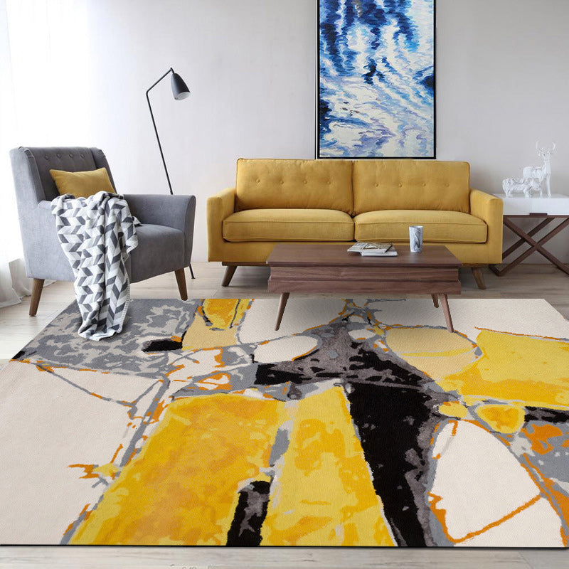 Modern watercolor pattern rug yellow and beige polyester rug washable non-slip backing rug for bedroom