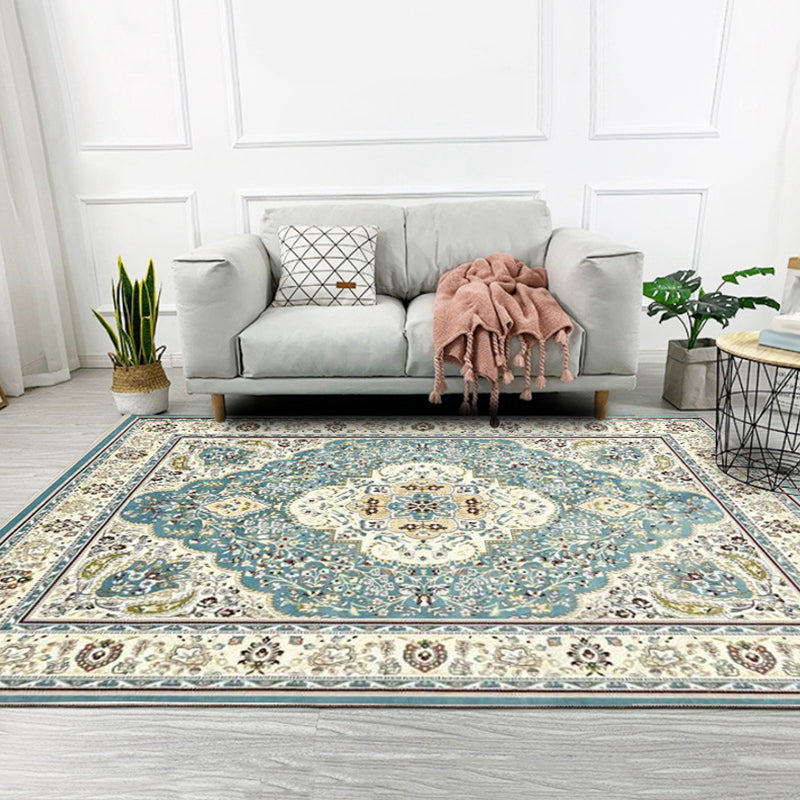 Moroccan Living Room Rug in Teal Medallion Floral Pattern Rug Polyester Non-Slip Stain Resistant Area Rug
