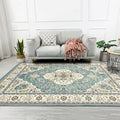 Moroccan Living Room Rug in Teal Medallion Floral Pattern Rug Polyester Non-Slip Stain Resistant Area Rug