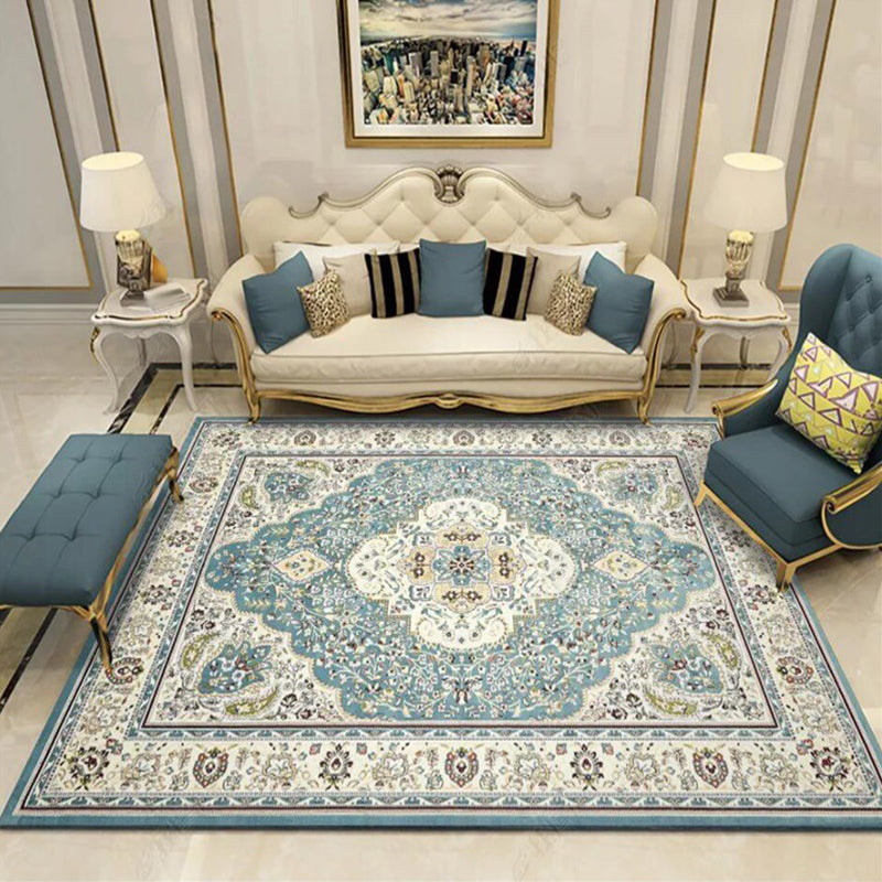 Moroccan Living Room Rug in Teal Medallion Floral Pattern Rug Polyester Non-Slip Stain Resistant Area Rug