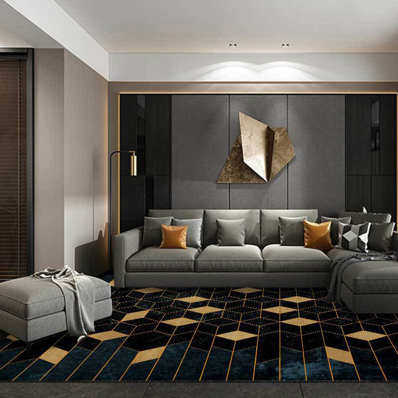 Funky Geometric Print Rug Black and Yellow Modern Rug Polyester Washable Non-Slip Back Rug for Living Room