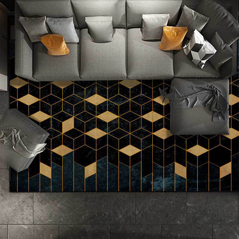 Funky Geometric Print Rug Black and Yellow Modern Rug Polyester Washable Non-Slip Back Rug for Living Room