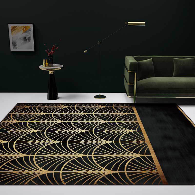 Stylish apricot leaf pattern rug black and gold novelty rug polyester washable non-slip back rug for living room