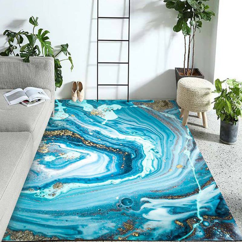 Funky Marble Pattern Rug Blue Modern Rug Polyester Washable Non-Slip Back Area Rug for Bedroom