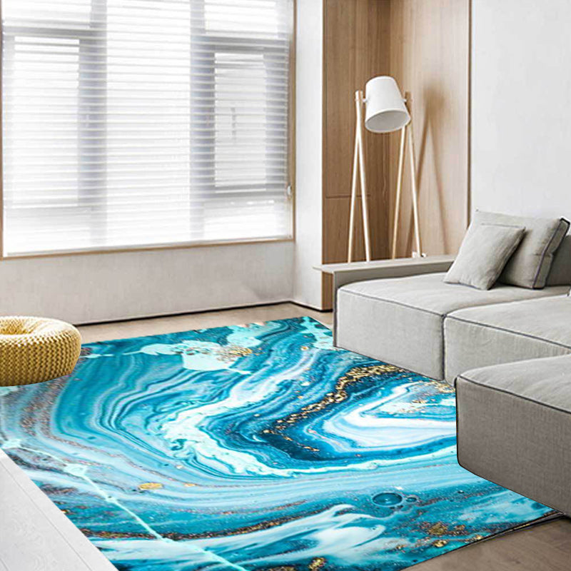 Funky Marble Pattern Rug Blue Modern Rug Polyester Washable Non-Slip Back Area Rug for Bedroom