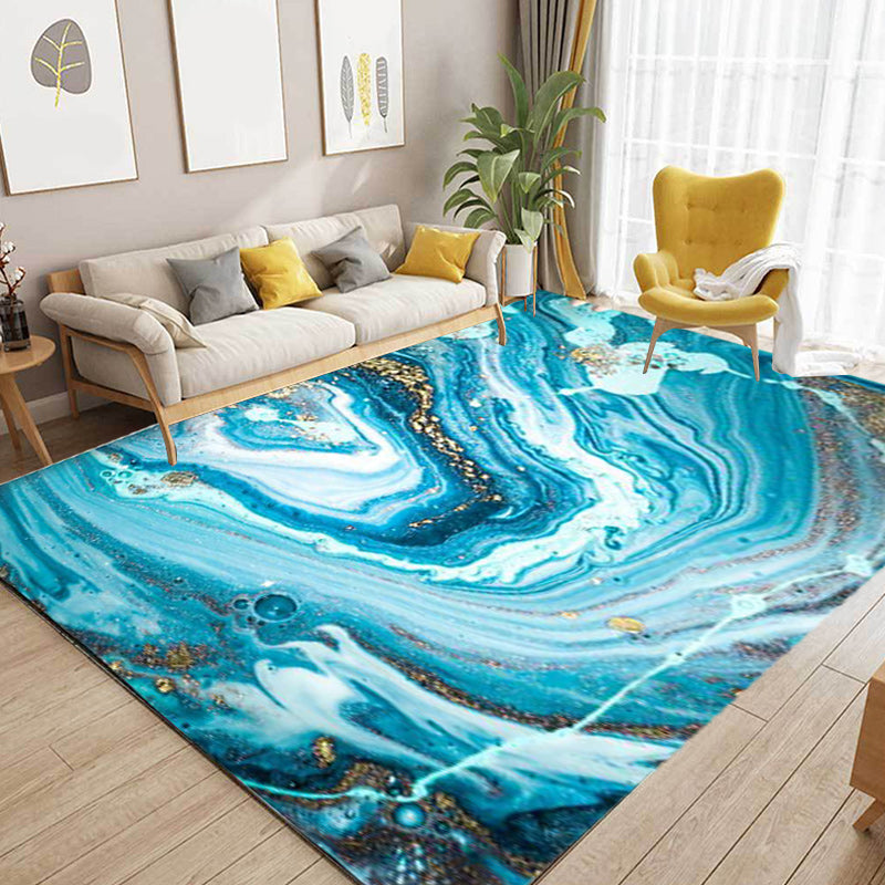 Funky Marble Pattern Rug Blue Modern Rug Polyester Washable Non-Slip Back Area Rug for Bedroom