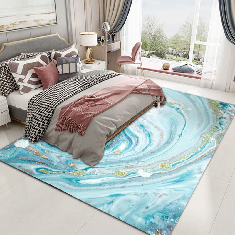 Funky Marble Pattern Rug Blue Modern Rug Polyester Washable Non-Slip Back Area Rug for Bedroom