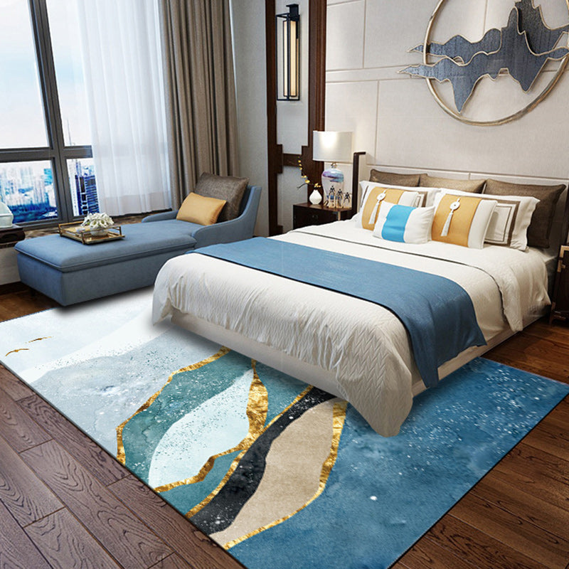 Stylish mountain and bird print rug Blue and Green Modern rug Polyester Washable Non-slip backing Rug for the living room